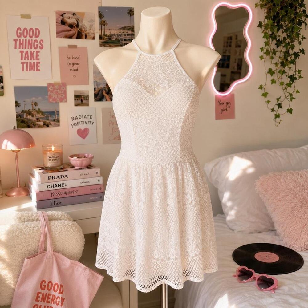 White Crochet faiirycore lace halter skate mini dress Sz XS